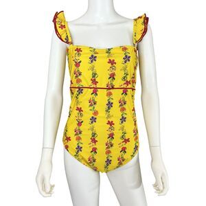 Carolina K Kuna One Piece Swimsuit Size L Yellow Floral Flutter Sleeve Low Back